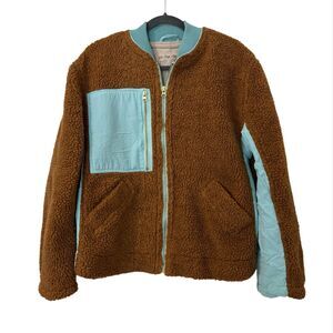 We The Free People Rivington Teddy Bear Fleece Jacket XS Brown Blue Cozy Bomber